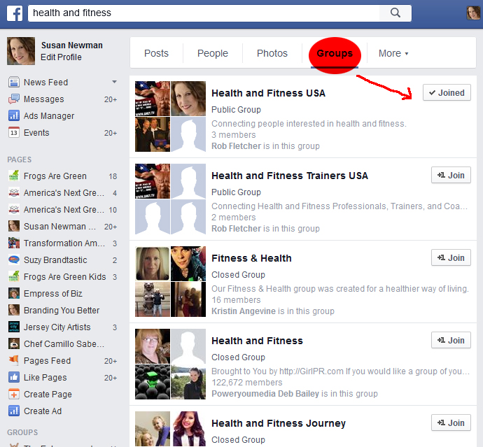 Facebook health and fitness groups listed