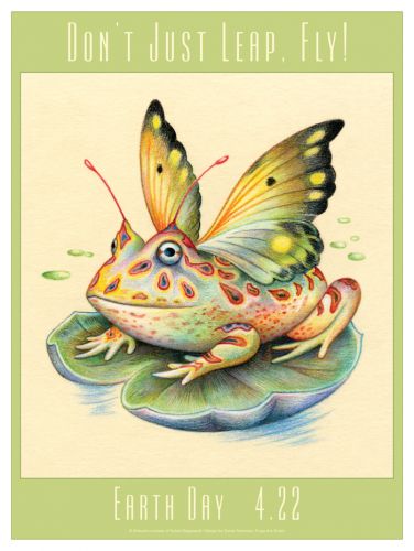 Earth Day poster of winged frog illustrated by Sylvie Daigneault