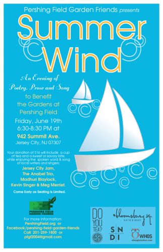 Summer Wind - An Evening of Poetry, Prose and Song to Benefit Pershing Field Garden Friends, Poster design by Susan Newman.