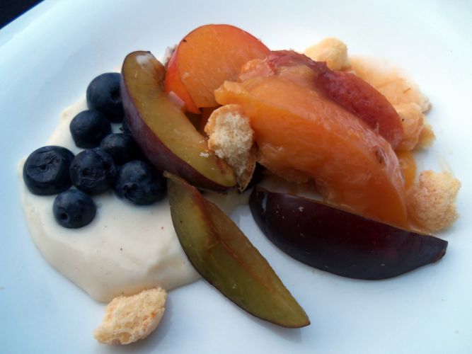 Dessert (yum) with pudding, plums, peaches, blueberries...