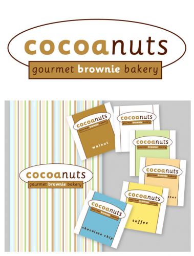 Cocoanuts gourmet brownie bakery branding, logo design, label design and product packaging design by Susan Newman