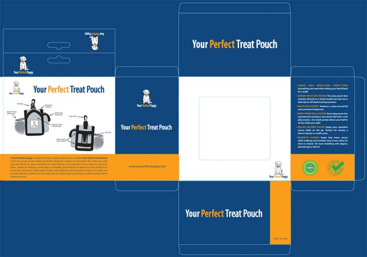 Your Perfect Puppy launches new dog treat bag. Product package design and diagram drawings by Susan Newman.