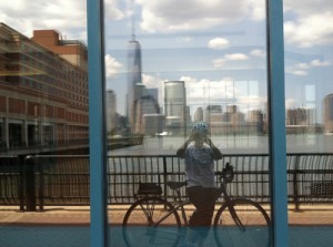 bicycle reflection in window and World Trade Center